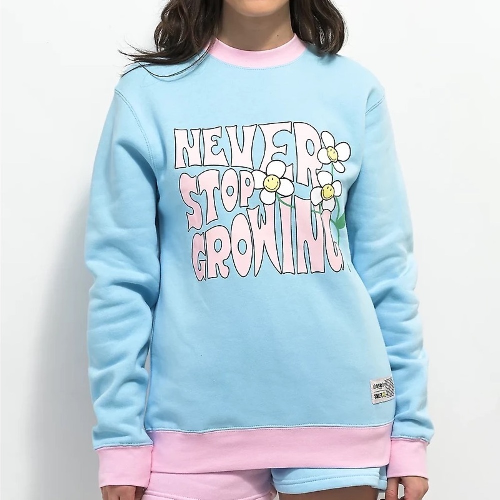 Sami Ryan Smily Sweatshirt‎ Never Stop Growing Baby Blue/Pink Sz L Retro Hippie